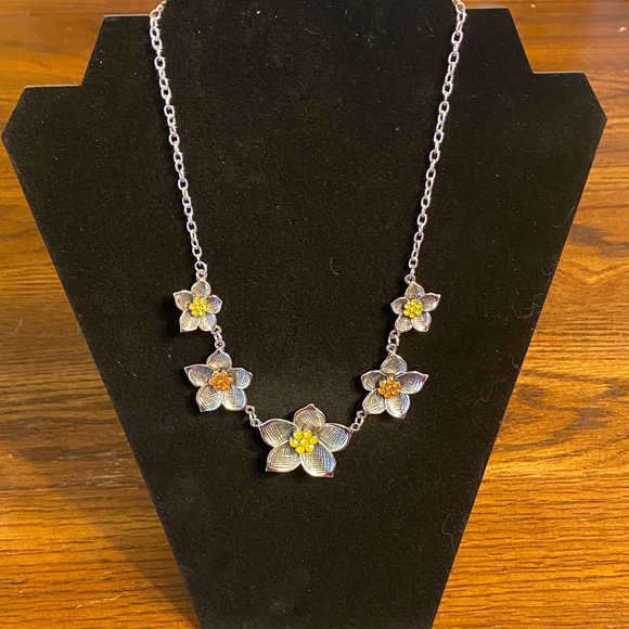Jewelry - Floral Silver Necklace with Yellow & Orange Accents